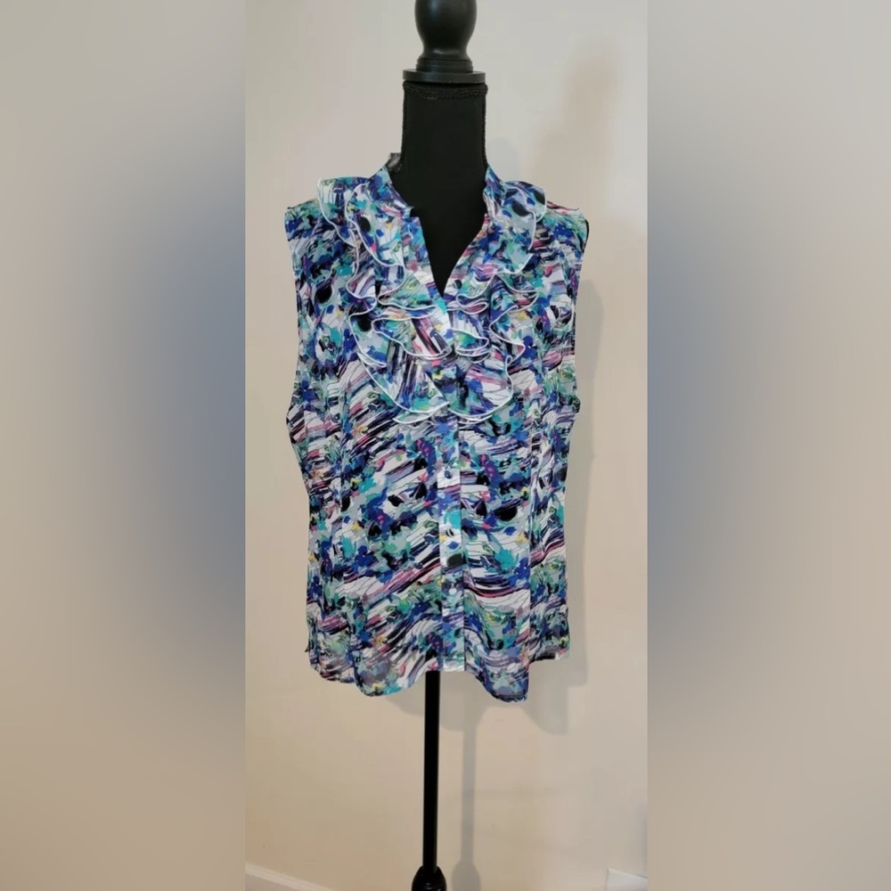 TAHARI Paint Brush Print Semi-Sheer Blouse
